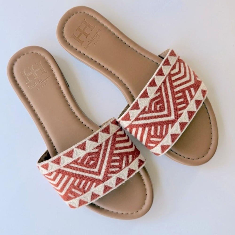 Haute Hippie Orange and Cream Aztec Slide On Sandals Size 9.5
